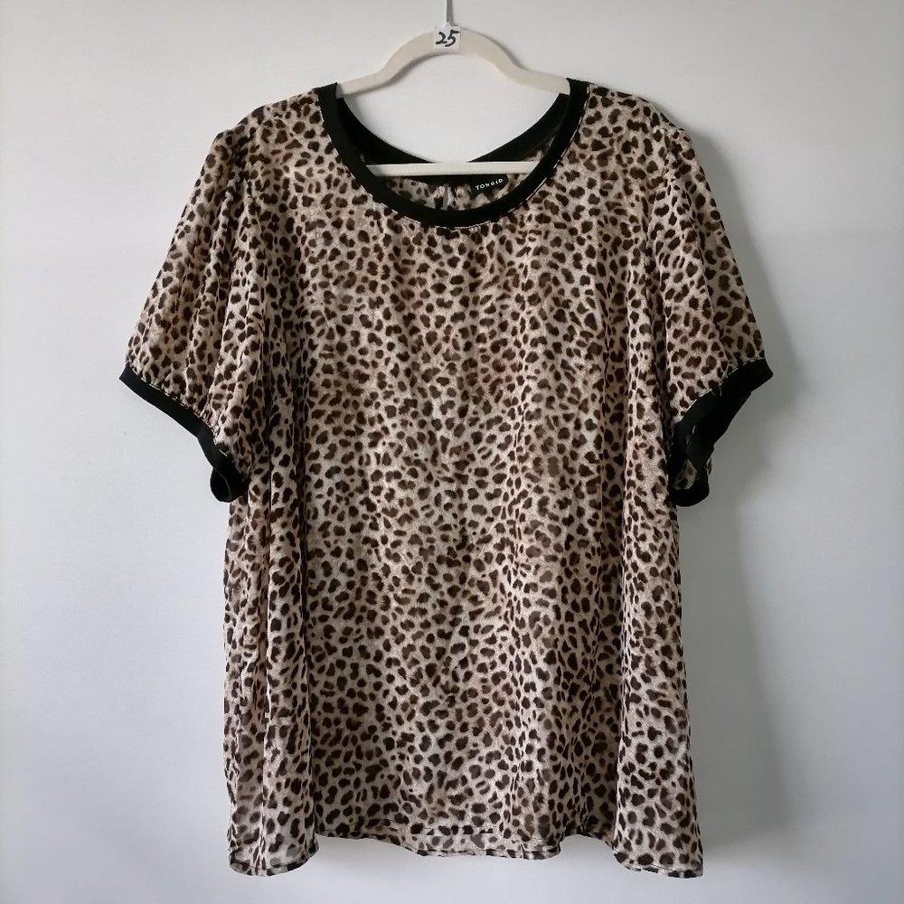 Torrid Womens Multicolor Puff Sleeve Round Neck Leopard Print Ringer Blouse Top